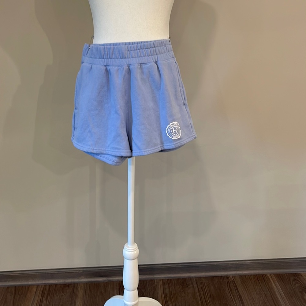 Women’s light blue sweat shorts, ultra high-rise.